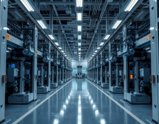 Interior view of a semiconductor fabrication plant with advanced machinery