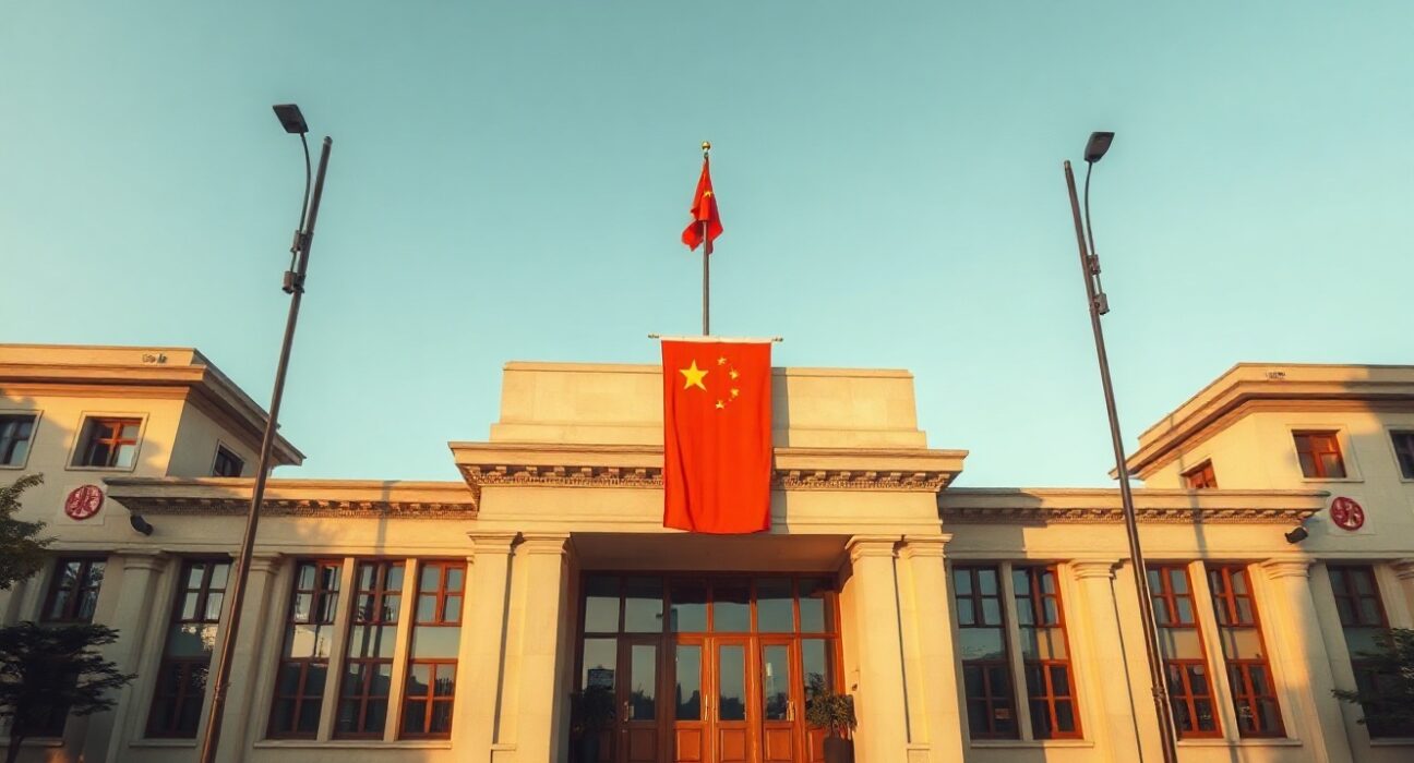 Exterior of China's Commerce Ministry building in Beijing with national flag visible, representing official trade policy response.