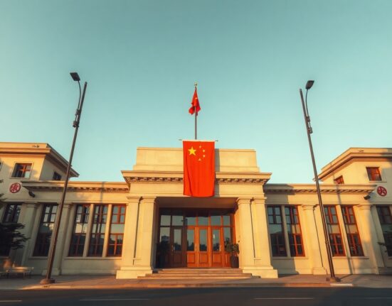 Exterior of China's Commerce Ministry building in Beijing with national flag visible, representing official trade policy response.