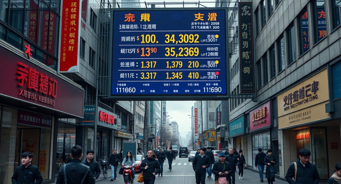 Urban street scene in China with economic data billboard, illustrating consumption shift and slower growth outlook