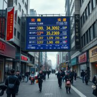 Urban street scene in China with economic data billboard, illustrating consumption shift and slower growth outlook