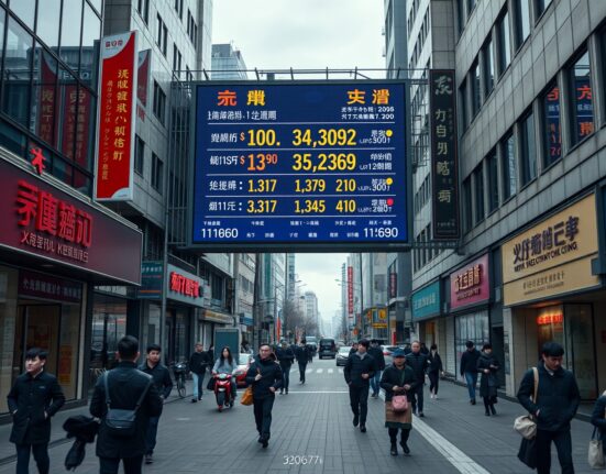 Urban street scene in China with economic data billboard, illustrating consumption shift and slower growth outlook