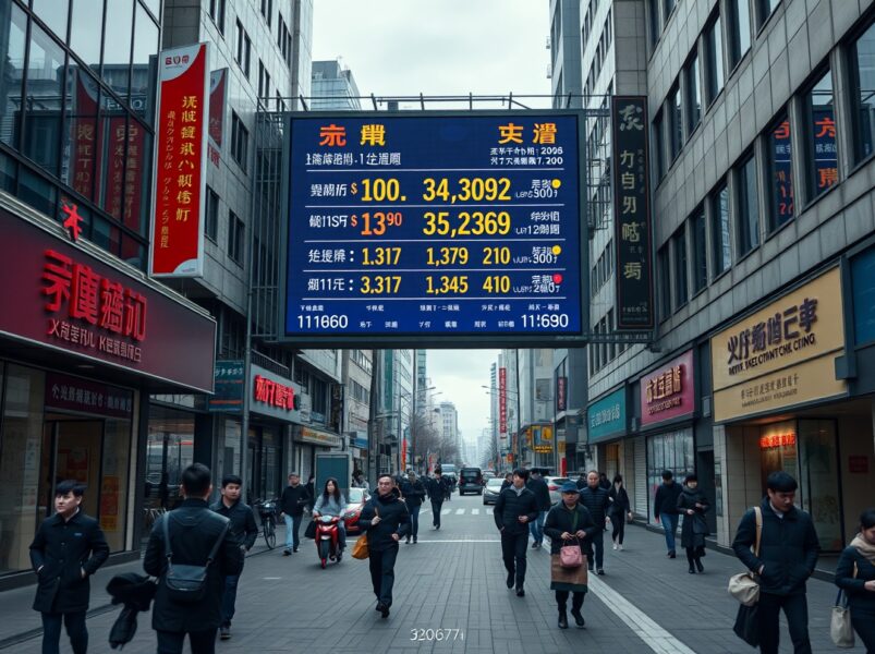 Urban street scene in China with economic data billboard, illustrating consumption shift and slower growth outlook