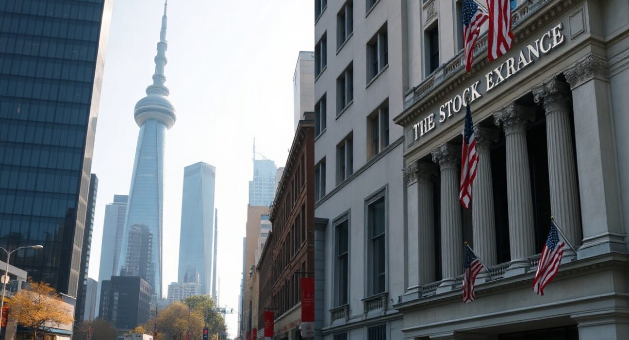 Side-by-side comparison of Shanghai and New York financial districts symbolizing CHA50 vs US500 market analysis