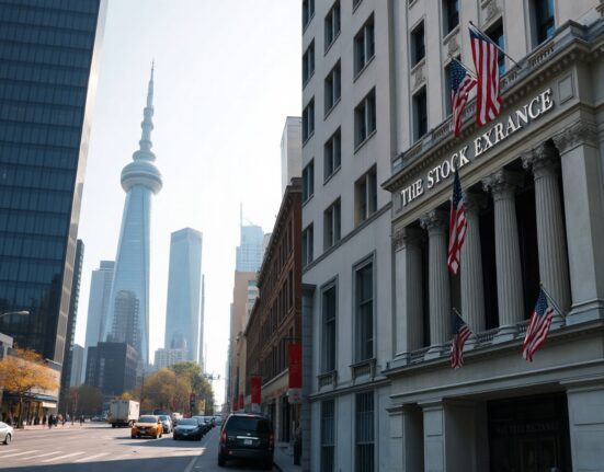 Side-by-side comparison of Shanghai and New York financial districts symbolizing CHA50 vs US500 market analysis
