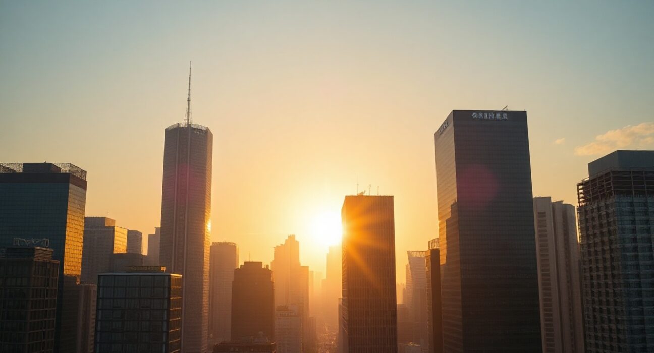 Skyline of a Chinese financial district at sunrise, symbolizing economic reflation