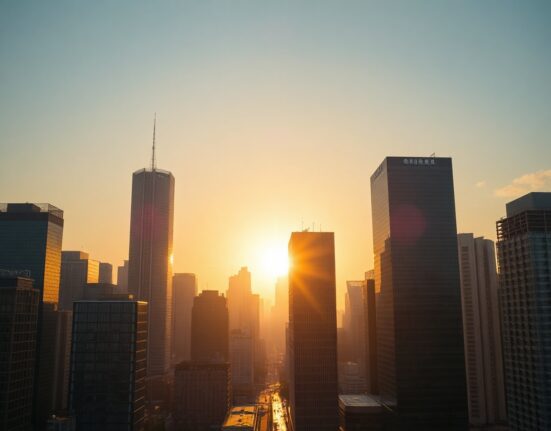 Skyline of a Chinese financial district at sunrise, symbolizing economic reflation