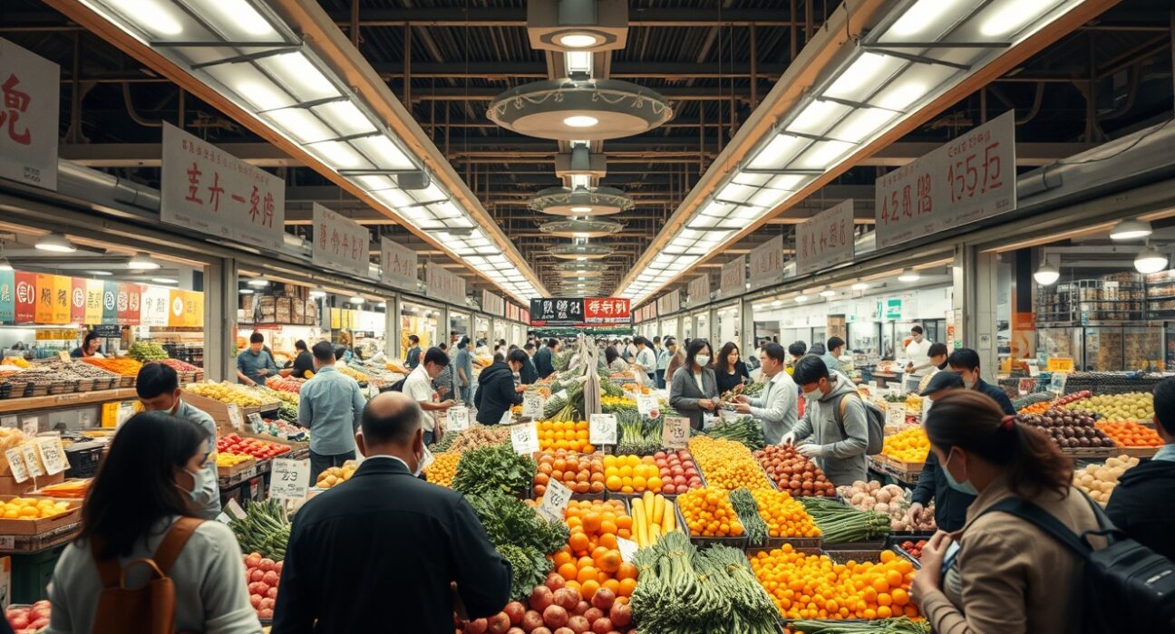 Shoppers at a fresh food market in China with visible price tags, representing consumer price inflation data.