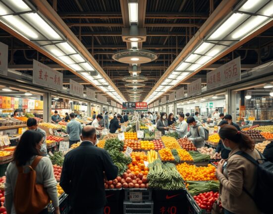 Shoppers at a fresh food market in China with visible price tags, representing consumer price inflation data.