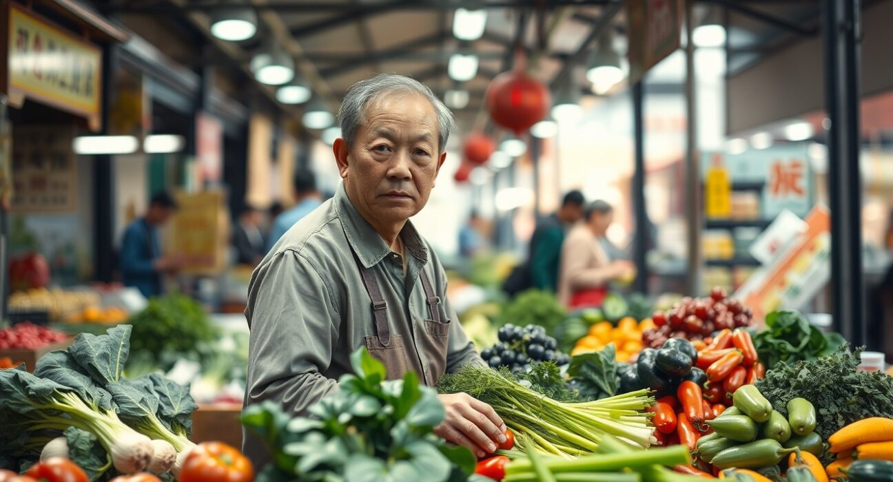 Vendor at a Chinese market representing the consumer price index and inflation data for February
