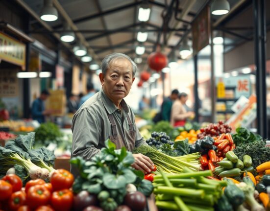 Vendor at a Chinese market representing the consumer price index and inflation data for February 2025.