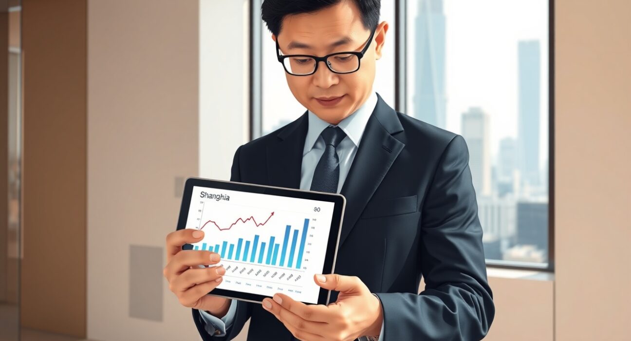 Economic analyst reviews China CPI inflation data on a tablet in a professional office setting.