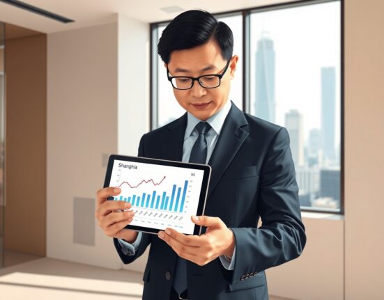 Economic analyst reviews China CPI inflation data on a tablet in a professional office setting.