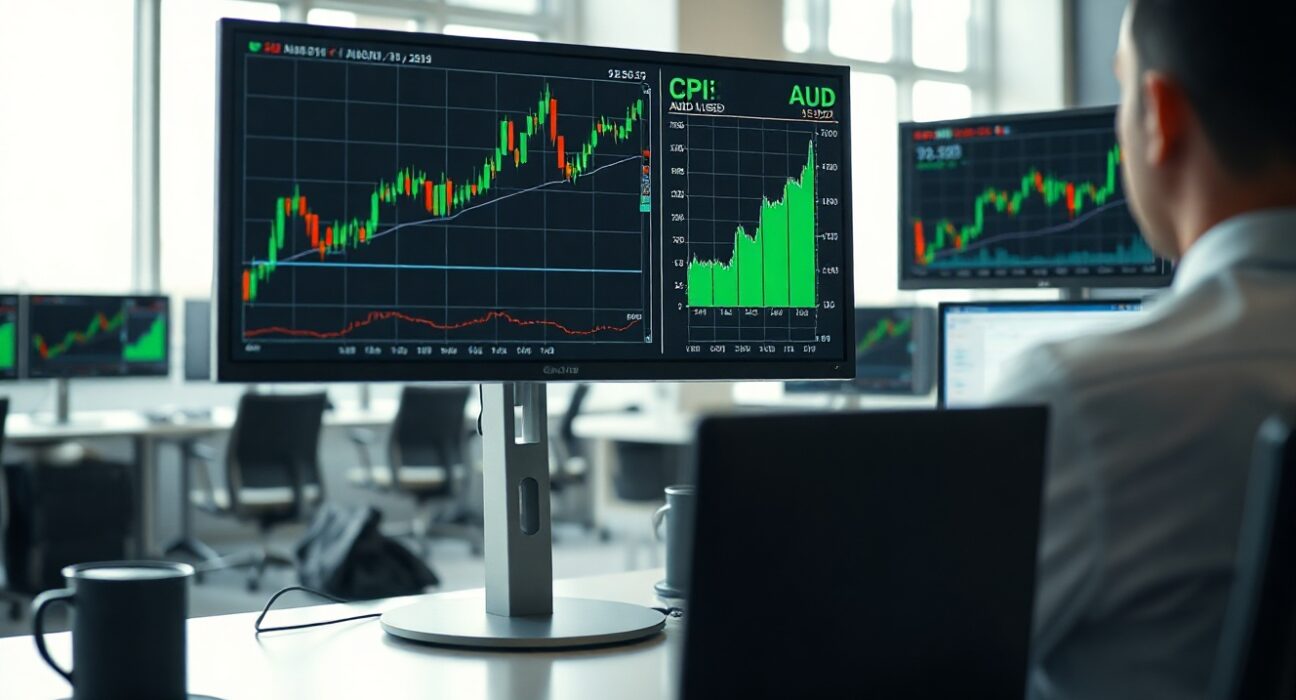 Financial trading desk monitors showing China CPI data and AUD/USD forex chart