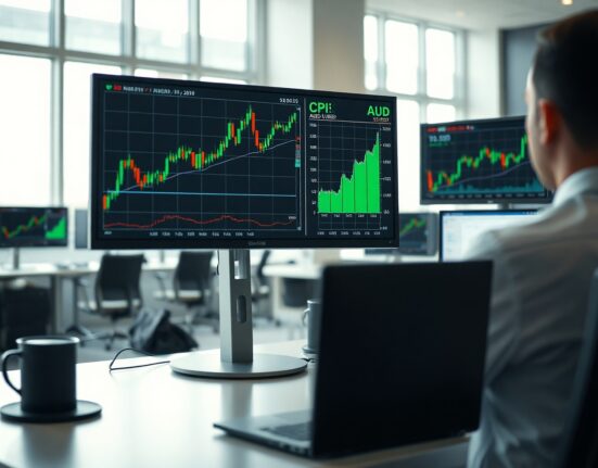 Financial trading desk monitors showing China CPI data and AUD/USD forex chart