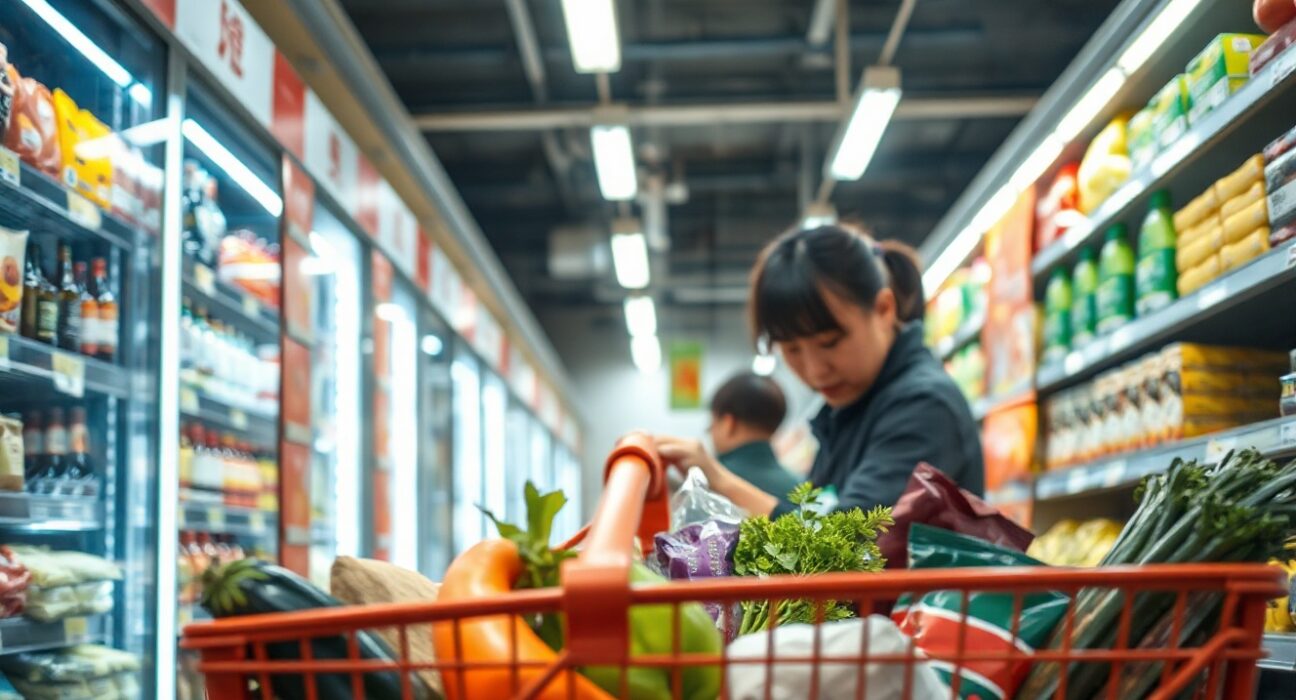 Shopper checking price tags in a Chinese supermarket, reflecting consumer price trends.