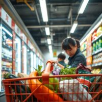 Shopper checking price tags in a Chinese supermarket, reflecting consumer price trends.