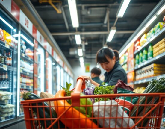 Shopper checking price tags in a Chinese supermarket, reflecting consumer price trends.