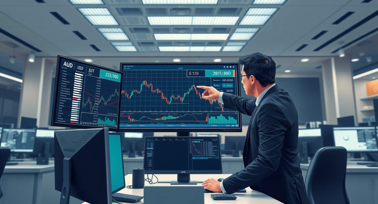 Trader analyzing China inflation data impact on AUD/USD currency pair in financial newsroom