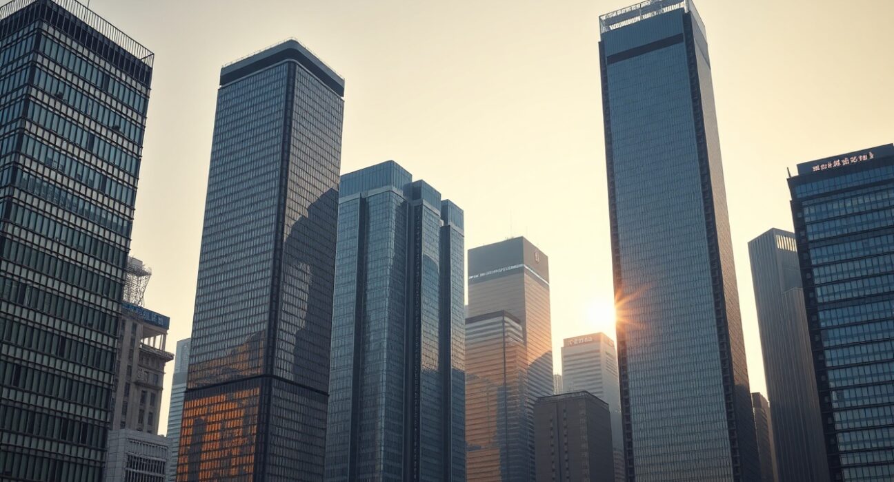 Skyline of a Chinese financial district with corporate skyscrapers under late afternoon light.