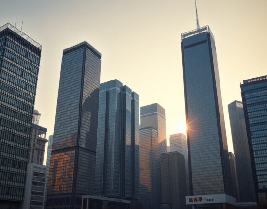 Skyline of a Chinese financial district with corporate skyscrapers under late afternoon light.