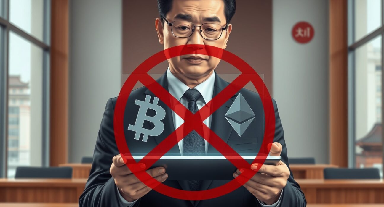 Chinese state-owned enterprise executive reviewing cryptocurrency prohibition regulations in government office setting