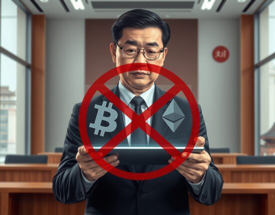 Chinese state-owned enterprise executive reviewing cryptocurrency prohibition regulations in government office setting