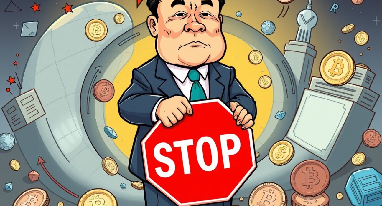 A cartoon illustration symbolizing the ongoing China crypto crackdown and its firm stance against digital currencies.