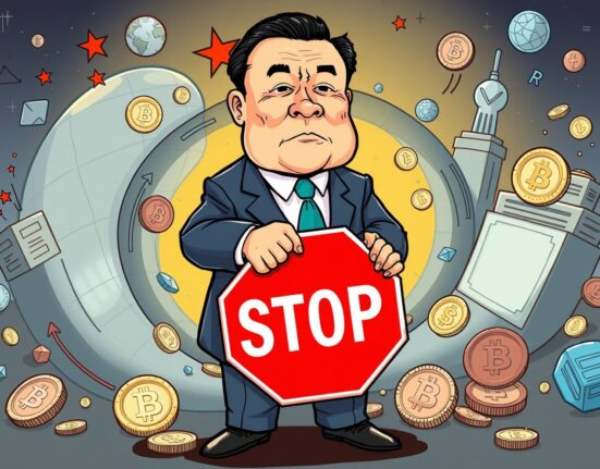 A cartoon illustration symbolizing the ongoing China crypto crackdown and its firm stance against digital currencies.