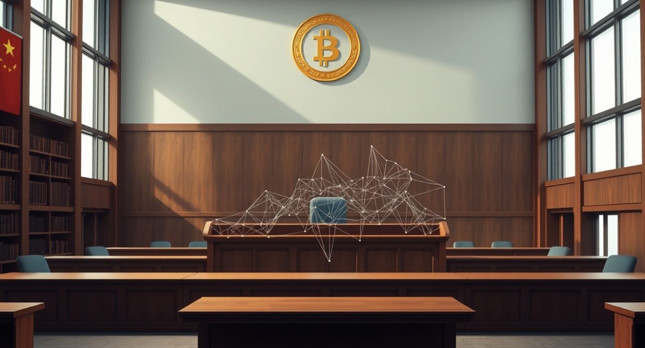 Chinese courtroom scene representing Supreme Court's cryptocurrency money laundering warning and regulatory crackdown.