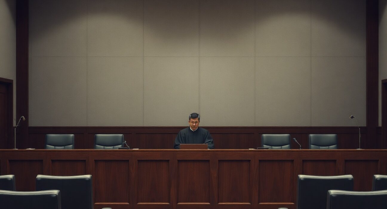 Chinese courtroom with judge presiding over a sentencing hearing for a money laundering case
