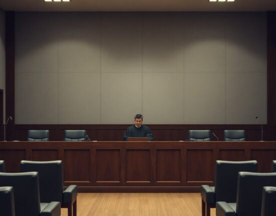 Chinese courtroom with judge presiding over a sentencing hearing for a money laundering case