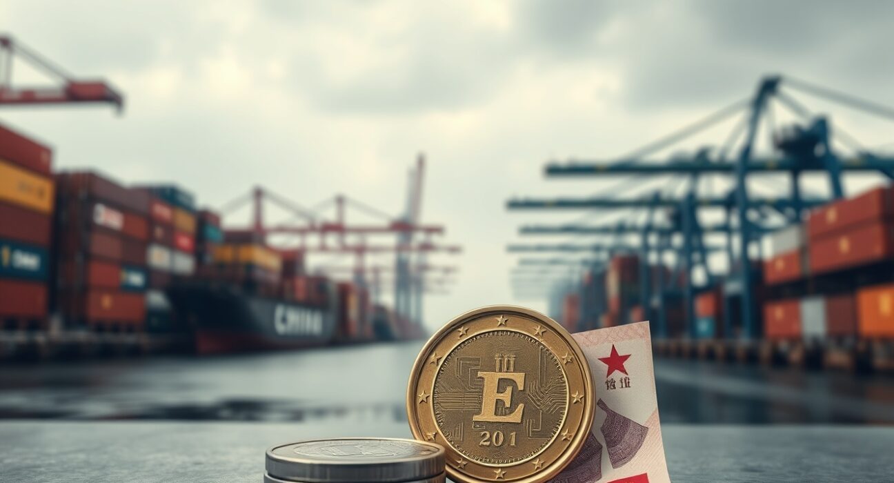 Chinese port with Euro and Yuan currency symbolizing trade and deflationary impact on Euro area prices