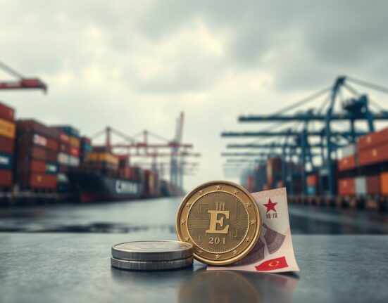 Chinese port with Euro and Yuan currency symbolizing trade and deflationary impact on Euro area prices