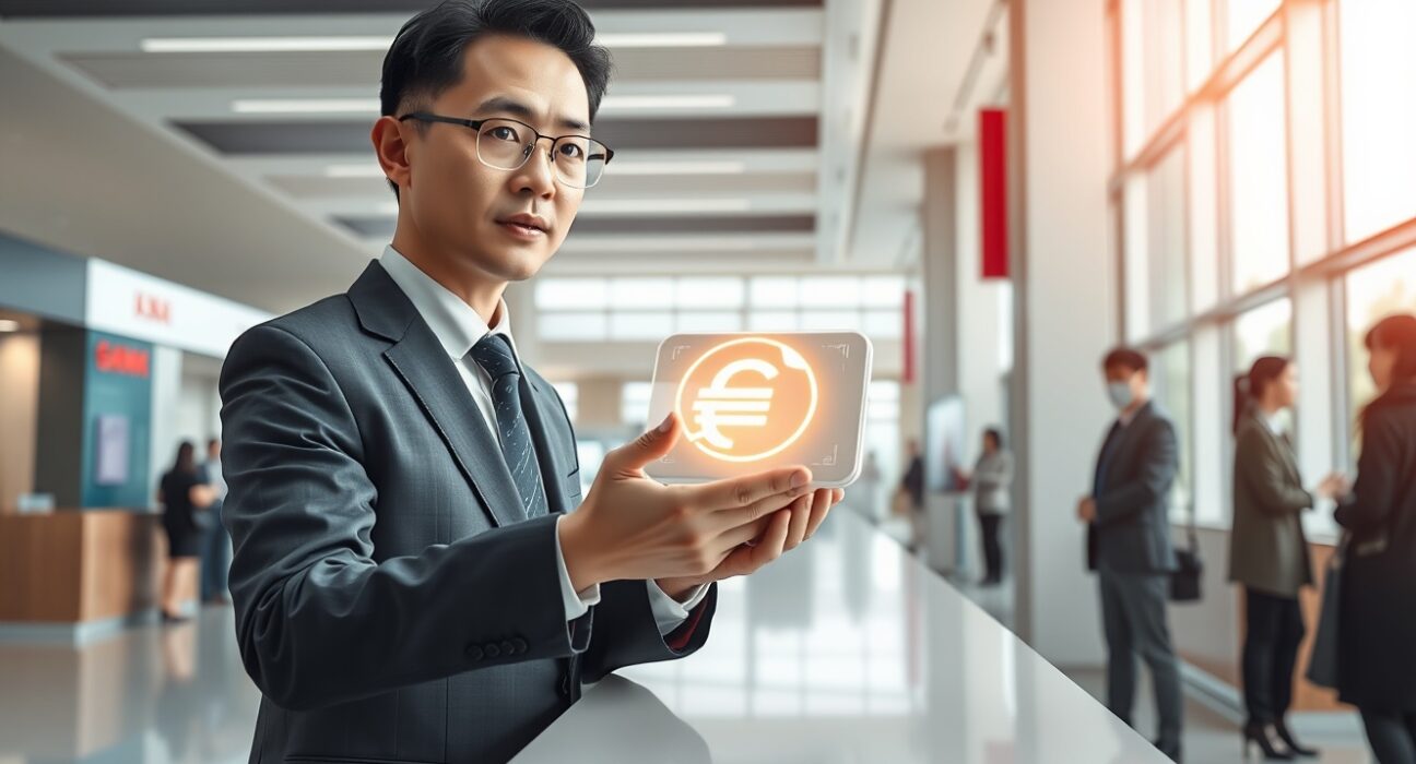 Bank representative explaining digital yuan interface on a smartphone in a modern Chinese bank, highlighting e-CNY network expansion.