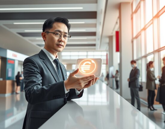 Bank representative explaining digital yuan interface on a smartphone in a modern Chinese bank, highlighting e-CNY network expansion.