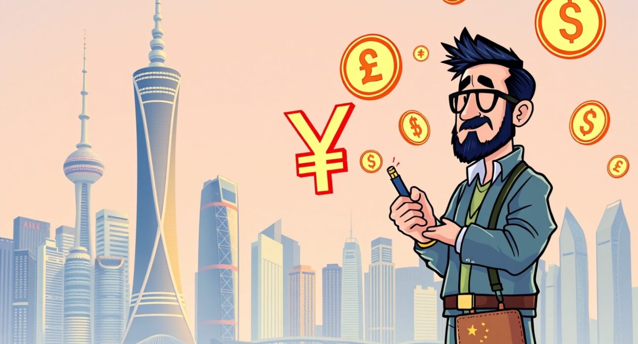 A cartoon illustration showing the digital yuan facilitating seamless cross-border payments from a modern Shanghai hub, symbolizing China's financial innovation.
