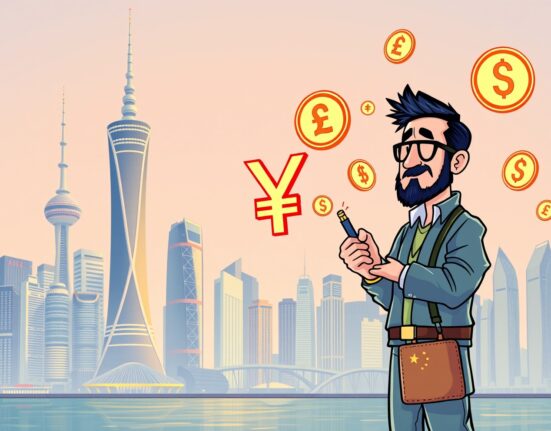 A cartoon illustration showing the digital yuan facilitating seamless cross-border payments from a modern Shanghai hub, symbolizing China's financial innovation.