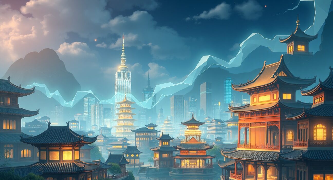 China economic data resilience analysis showing data streams connecting traditional and modern architecture