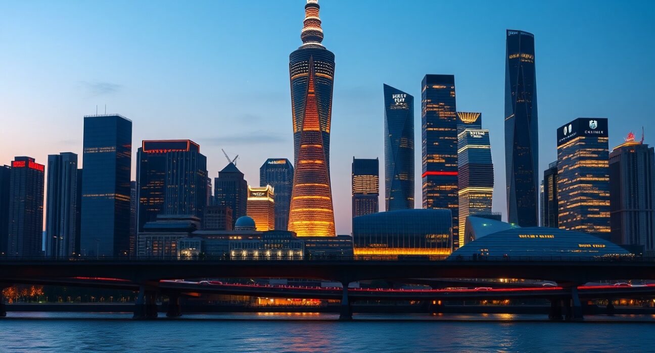 China economic growth illustrated through Shanghai's active financial district skyline at dusk