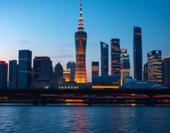 China economic growth illustrated through Shanghai's active financial district skyline at dusk