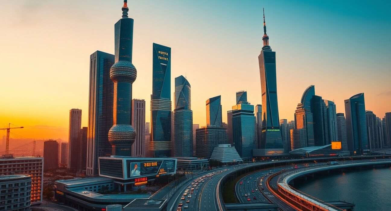 China's economic growth reflected in Shanghai's modern financial district skyline at dusk