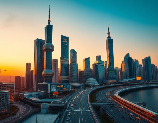China's economic growth reflected in Shanghai's modern financial district skyline at dusk