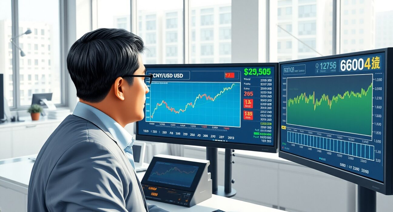 Financial analyst reviewing Chinese yuan exchange rate and economic growth data charts for 2025 market analysis.