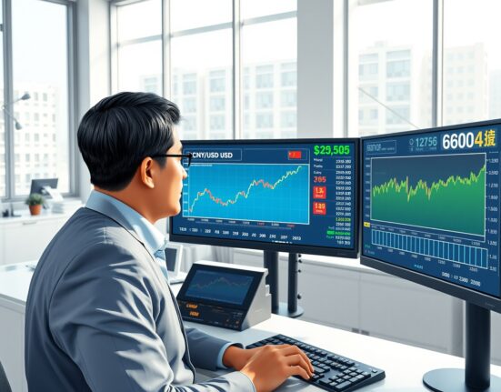 Financial analyst reviewing Chinese yuan exchange rate and economic growth data charts for 2025