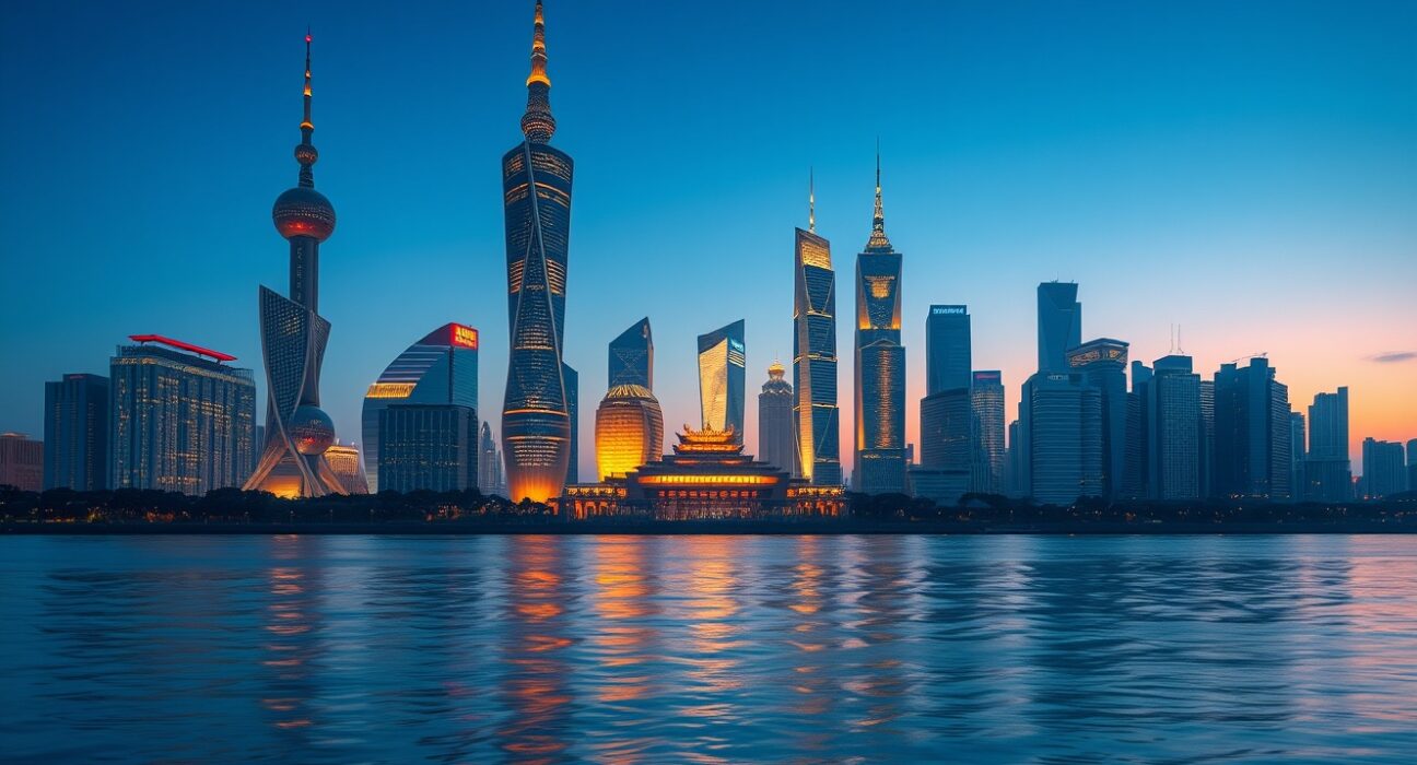 China economic growth forecast with Shanghai financial district skyline representing Q1 2025 recovery.