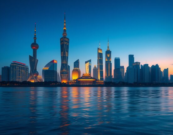 China economic growth forecast with Shanghai financial district skyline representing Q1 2025 recovery.