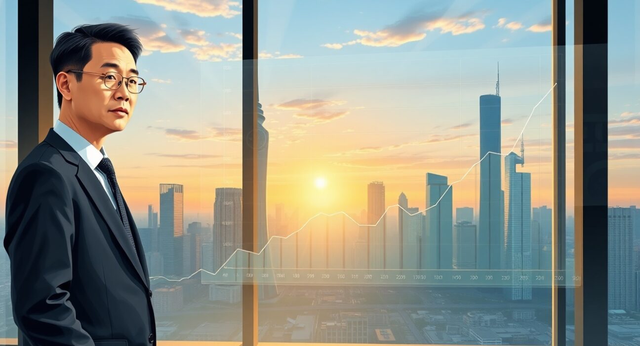 Economist analyzing China's Q1 2025 growth data with upward trending charts in Shanghai financial district