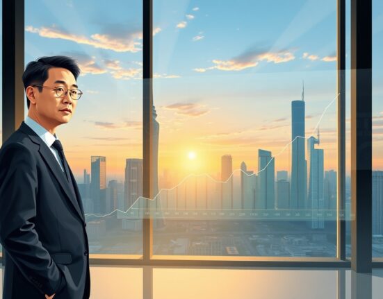 Economist analyzing China's Q1 2025 growth data with upward trending charts in Shanghai financial district