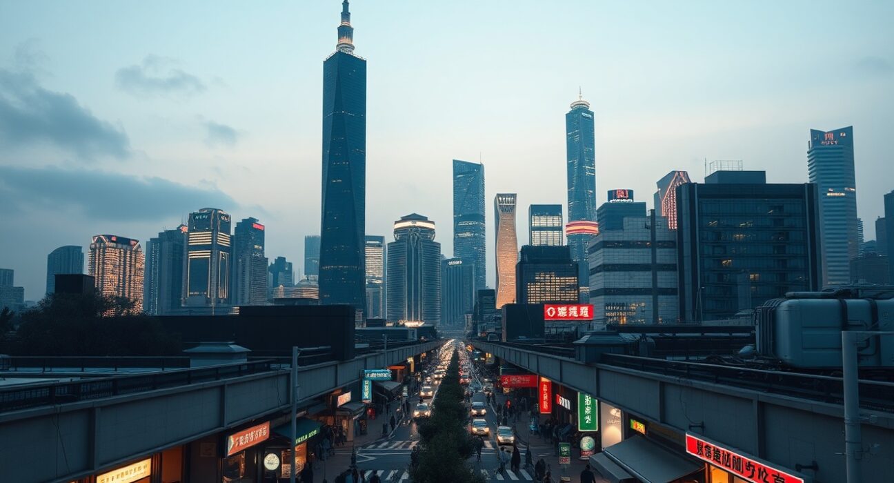 China economic growth analysis showing contrast between Shanghai skyscrapers and subdued street-level consumer activity